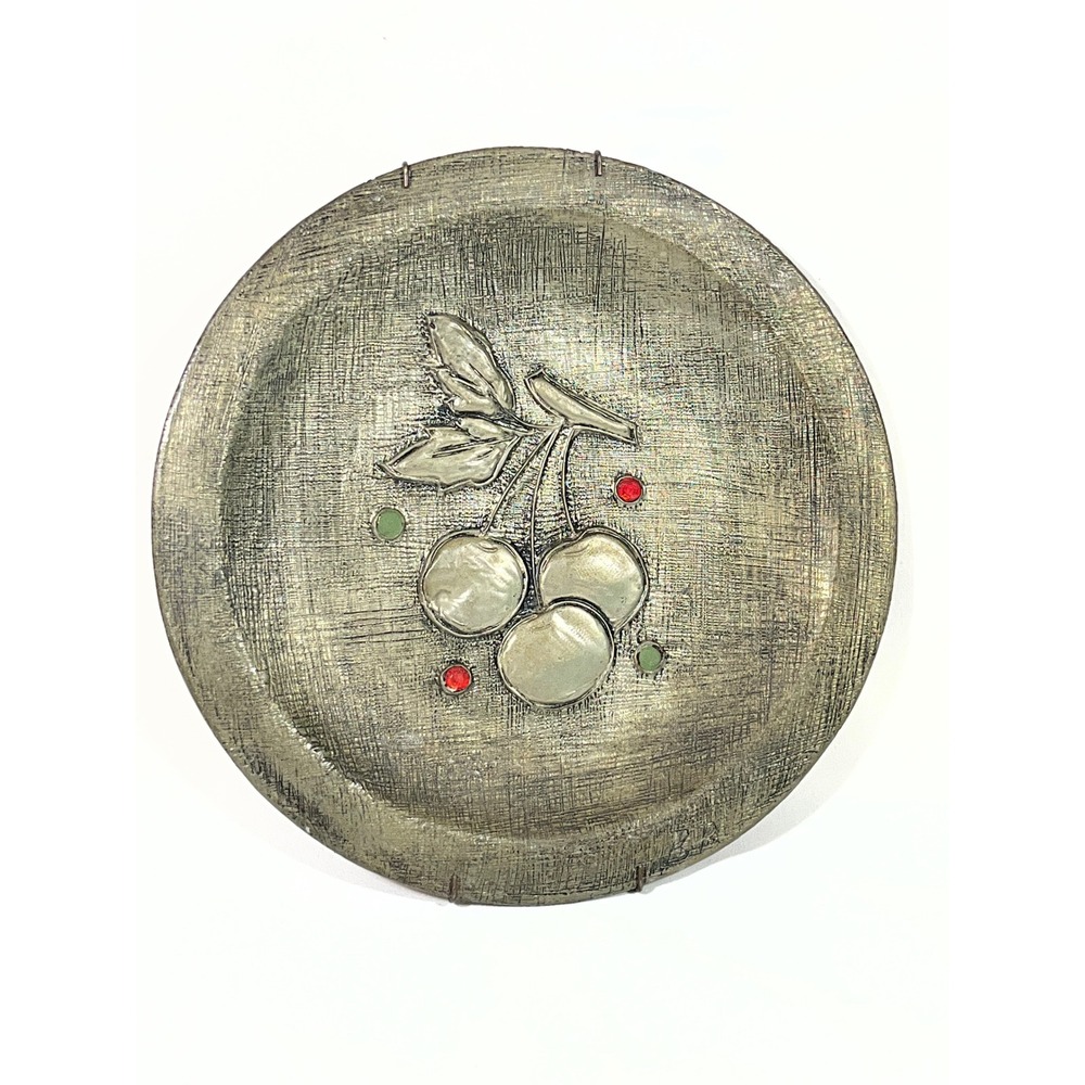Vintage Brutalist Signed BR Metal Cherry Relief Decorative Plate 9"x9" Wall Art